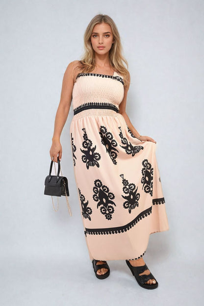 Smocked Sleeveless Flowy Tribal Print Summer Maxi Dress-6