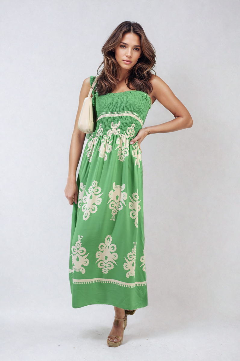Smocked Sleeveless Flowy Tribal Print Summer Maxi Dress-4