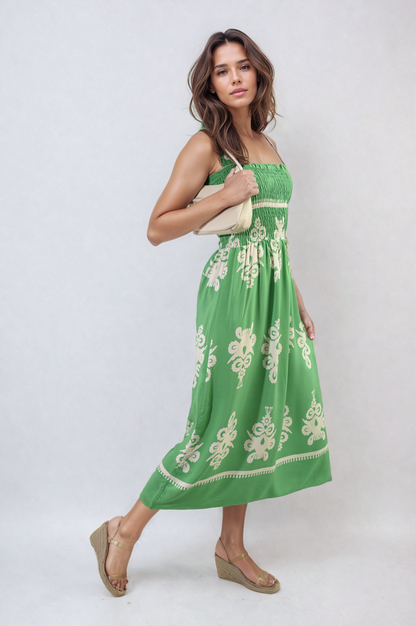 Smocked Sleeveless Flowy Tribal Print Summer Maxi Dress-5