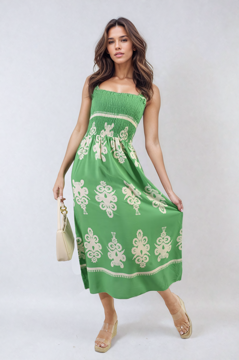 Smocked Sleeveless Flowy Tribal Print Summer Maxi Dress-2
