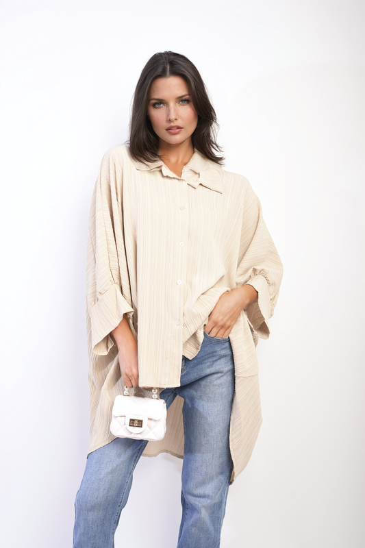 Oversized Long Sleeve Button Front Top-0