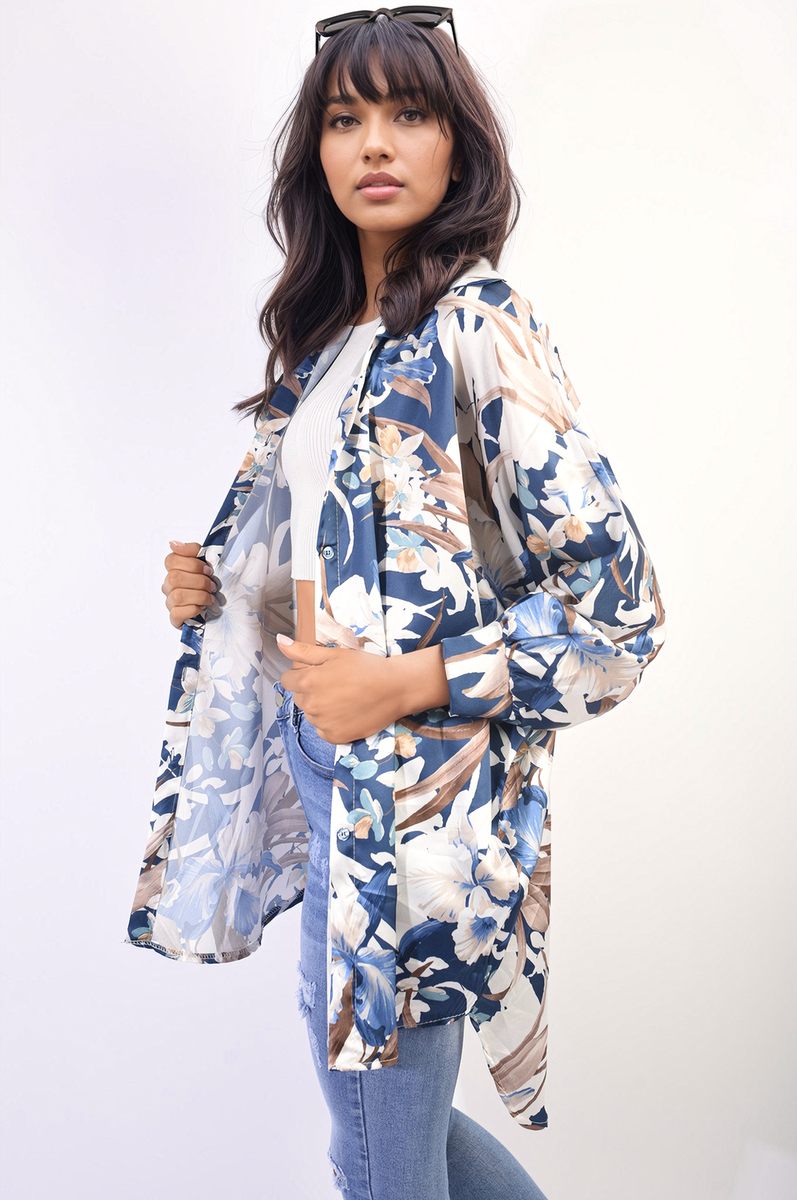 Floral Print Button Down Long Sleeve Oversized Top-2