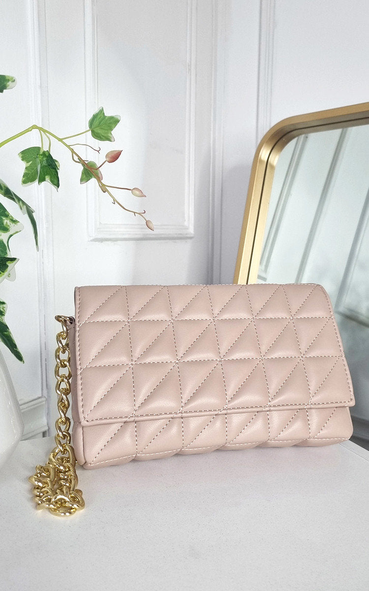 Faux Leather Padded Handbag with Chain Detail-7