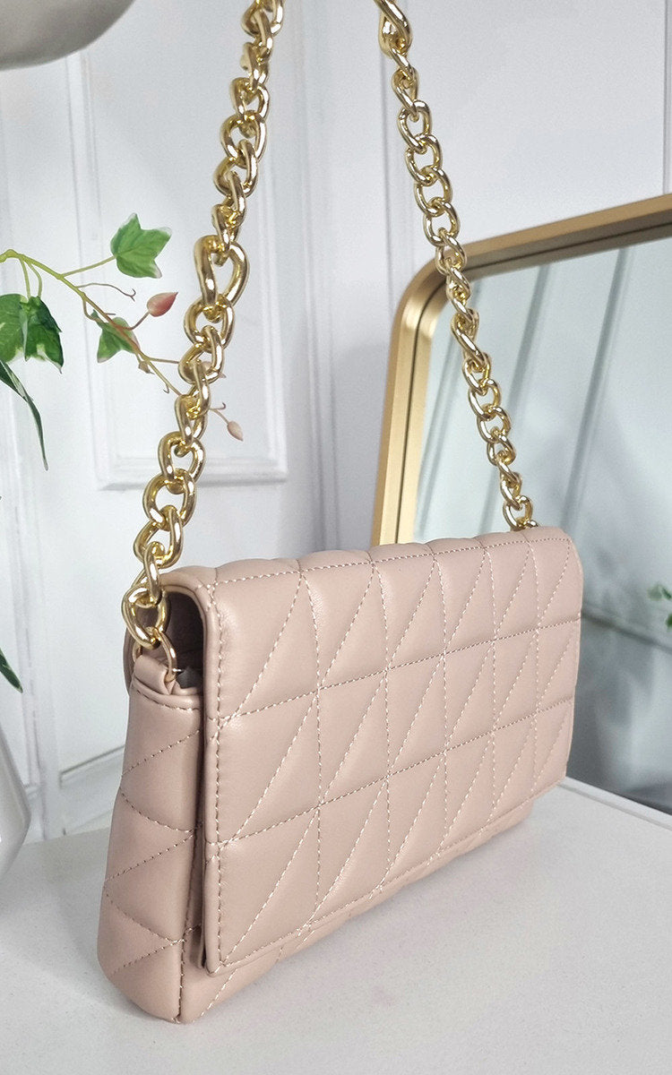 Faux Leather Padded Handbag with Chain Detail-4