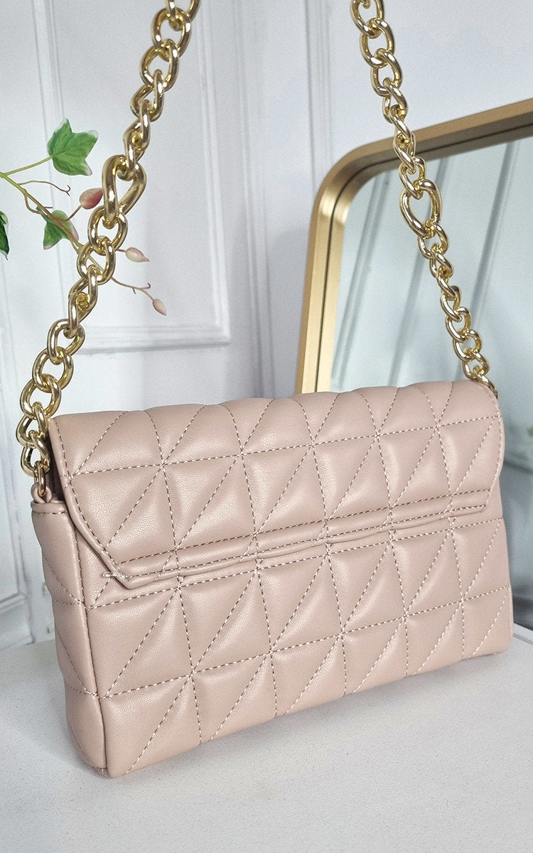 Faux Leather Padded Handbag with Chain Detail-3