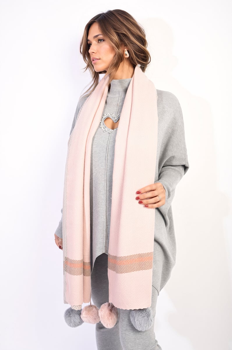 Striped Pompom Tassel Winter Scarf-1