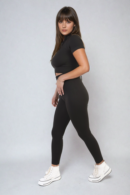 Ribbed Half Zip Crop Top and High Waist Leggings Co-ord Set-11