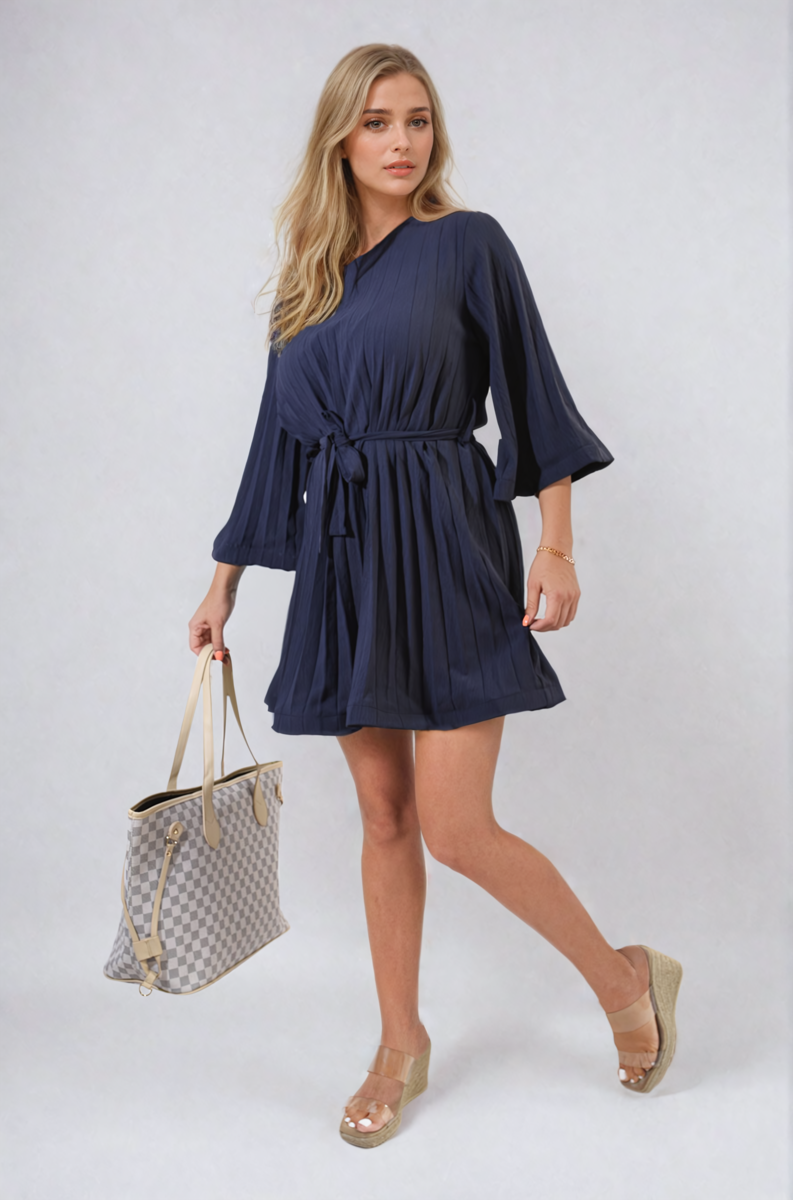 Pleated Tie Waist Mini Dress-13