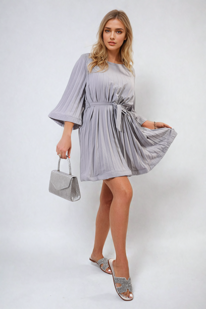Pleated Tie Waist Mini Dress-2