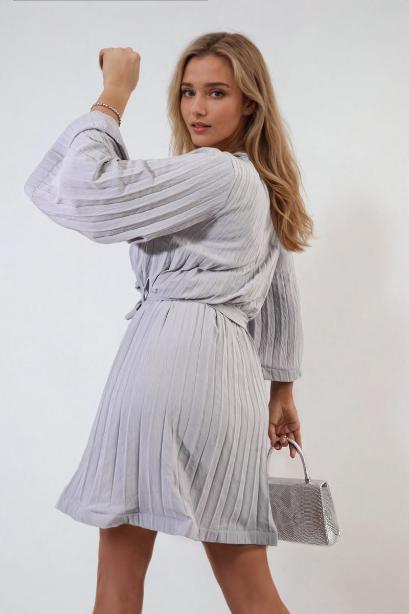 Pleated Tie Waist Mini Dress-1
