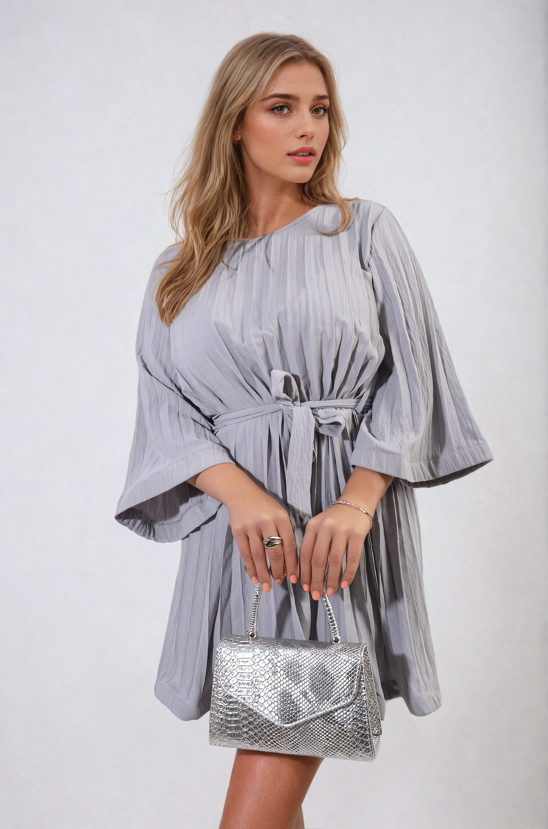 Pleated Tie Waist Mini Dress-0