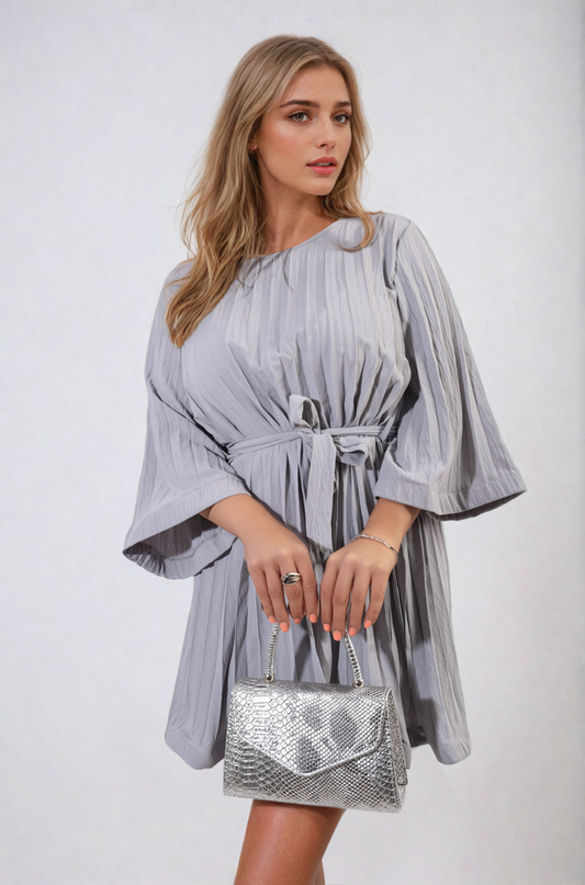 Pleated Tie Waist Mini Dress-0