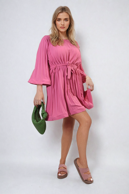 Pleated Tie Waist Mini Dress-12