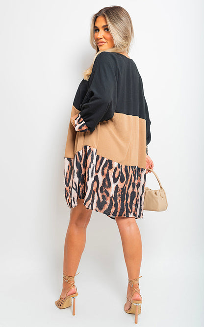 Long Sleeve Leopard Trim Print Oversized Mini Dress-7