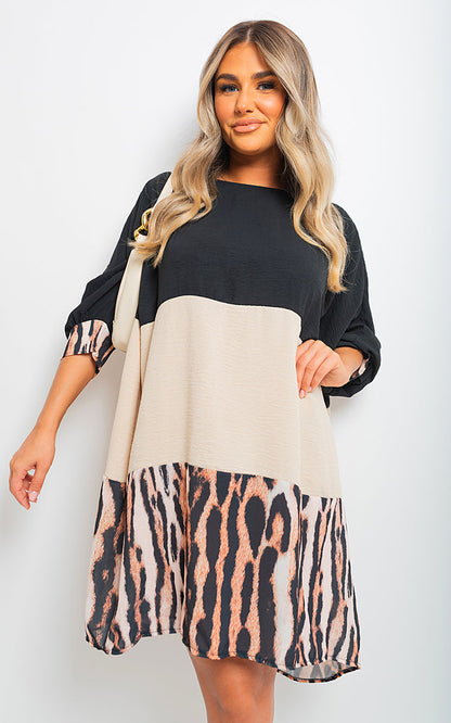 Long Sleeve Leopard Trim Print Oversized Mini Dress-6
