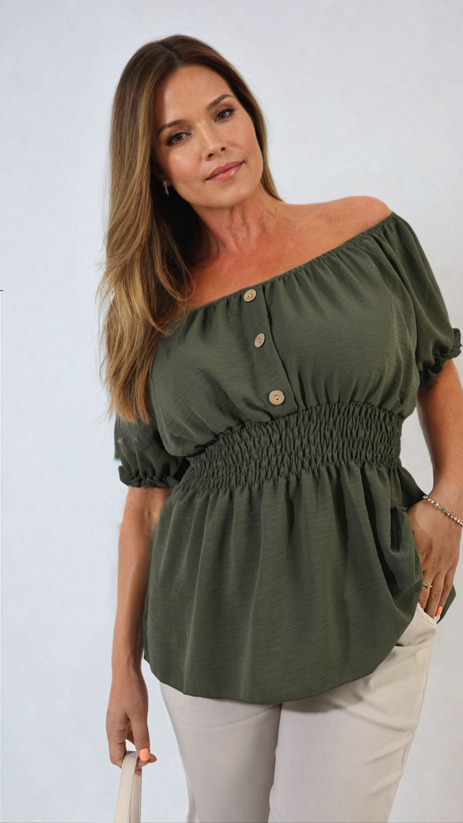 Button Front Cinched Waist Top-6