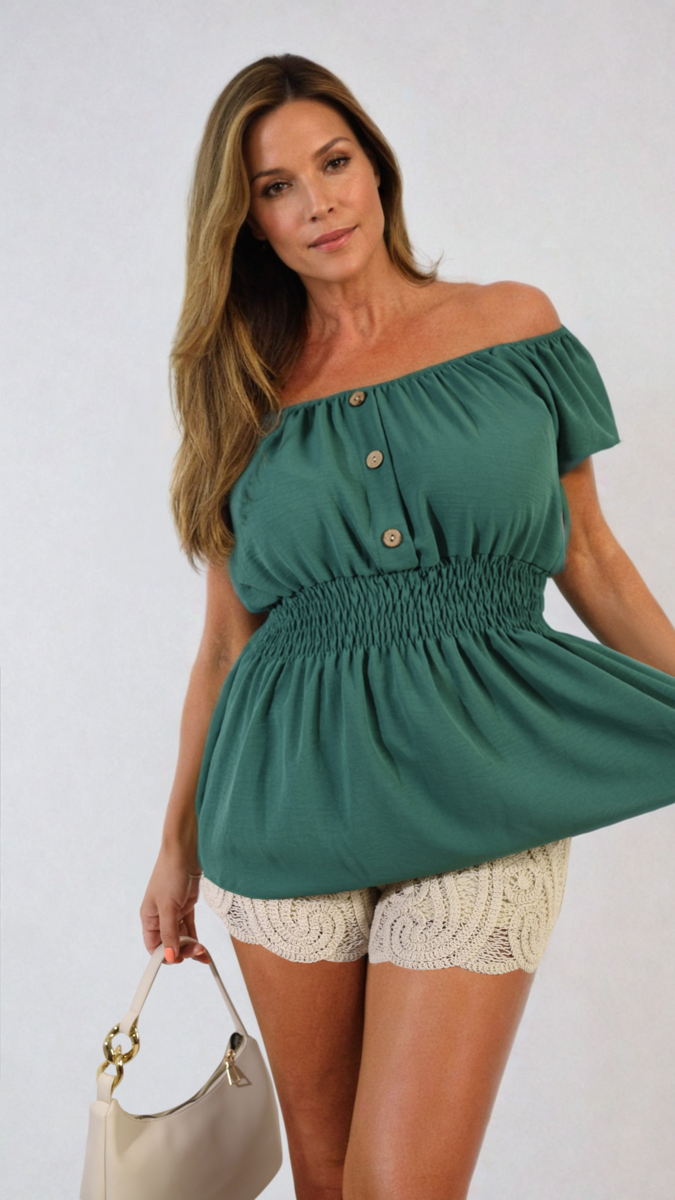 Button Front Cinched Waist Top-0