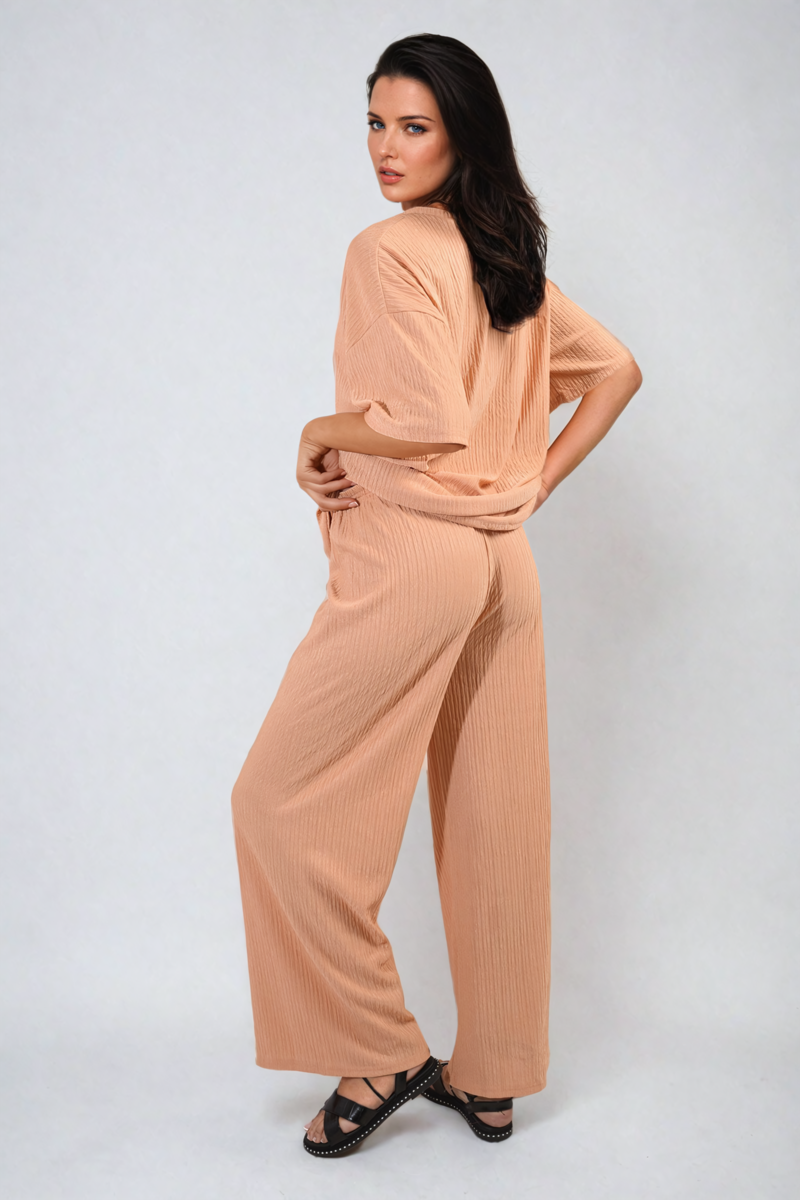Ribbed Oversized Top and Drawstring Wide Leg Trouser Co-ord Set-1
