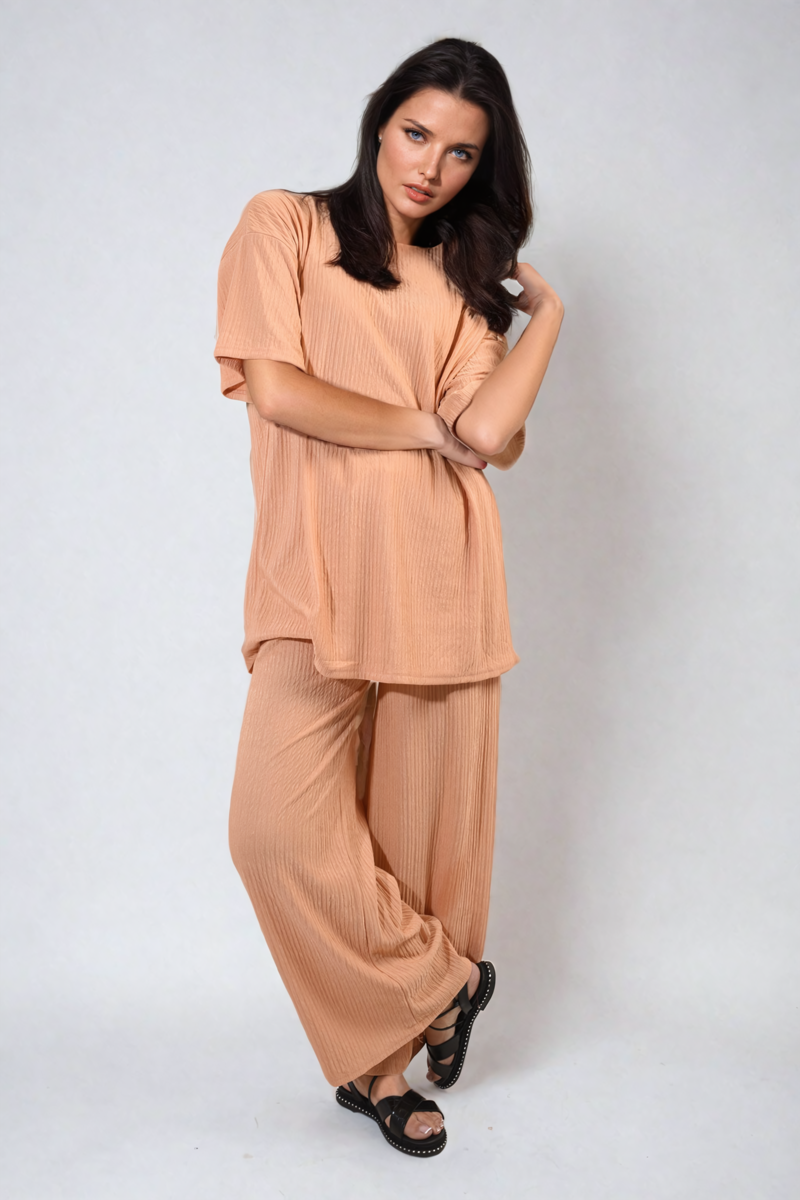 Ribbed Oversized Top and Drawstring Wide Leg Trouser Co-ord Set-3