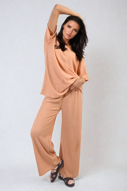 Ribbed Oversized Top and Drawstring Wide Leg Trouser Co-ord Set-0