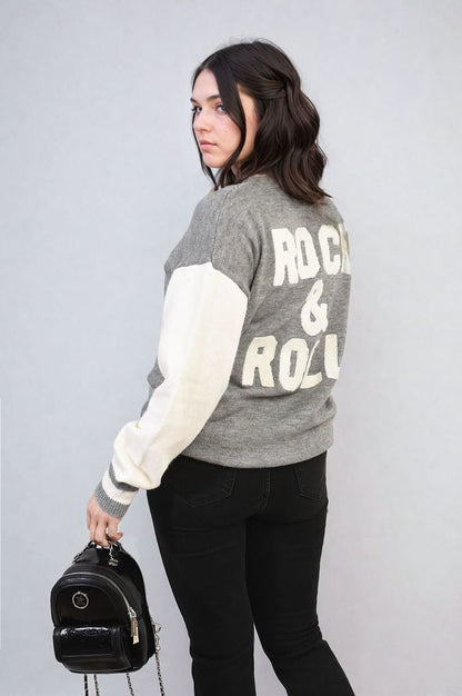 Round Neck Rock & Roll Print Knitted Jumper-6