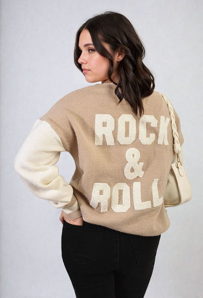 Round Neck Rock & Roll Print Knitted Jumper-1