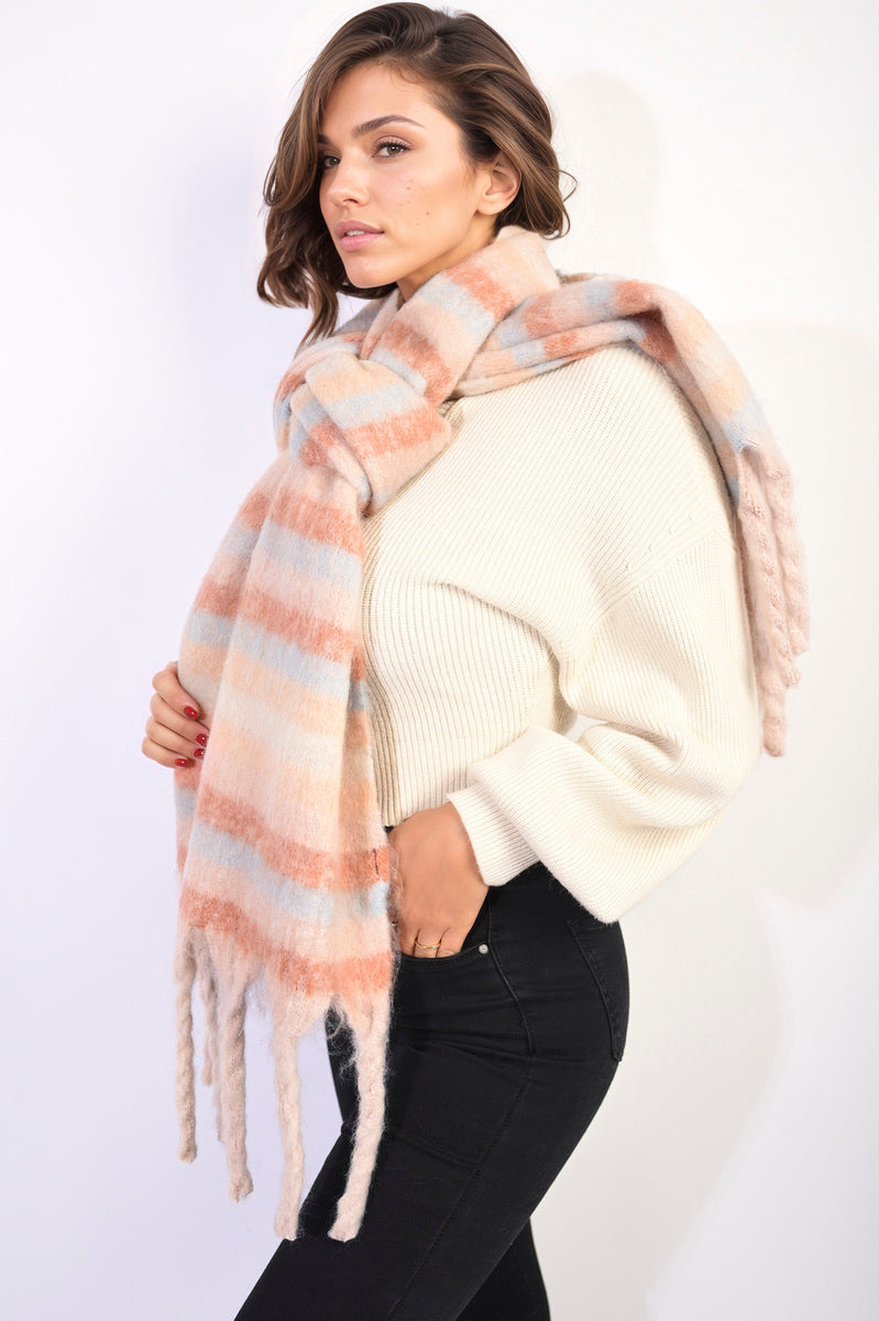 Striped Soft Comfortable Oversized Chunky Scarf with Tassel-4