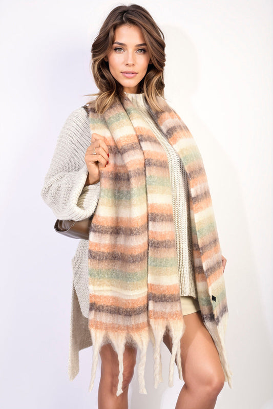 Striped Soft Comfortable Oversized Chunky Scarf with Tassel-0