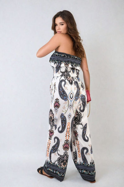 Shirred Strapless Printed Jumpsuit-1