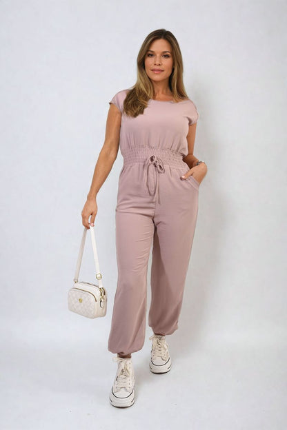 Short Sleeve Cinched Waist Jumpsuit-10