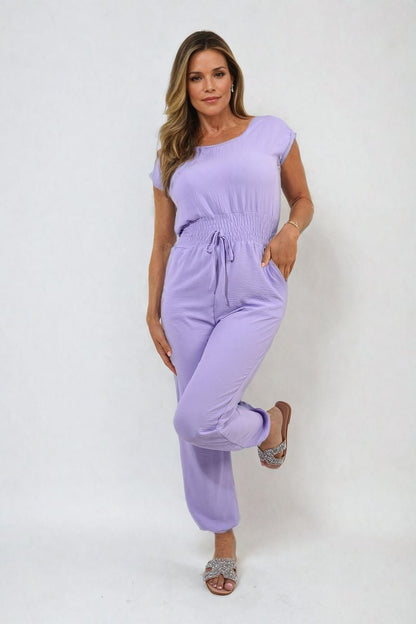 Short Sleeve Cinched Waist Jumpsuit-8