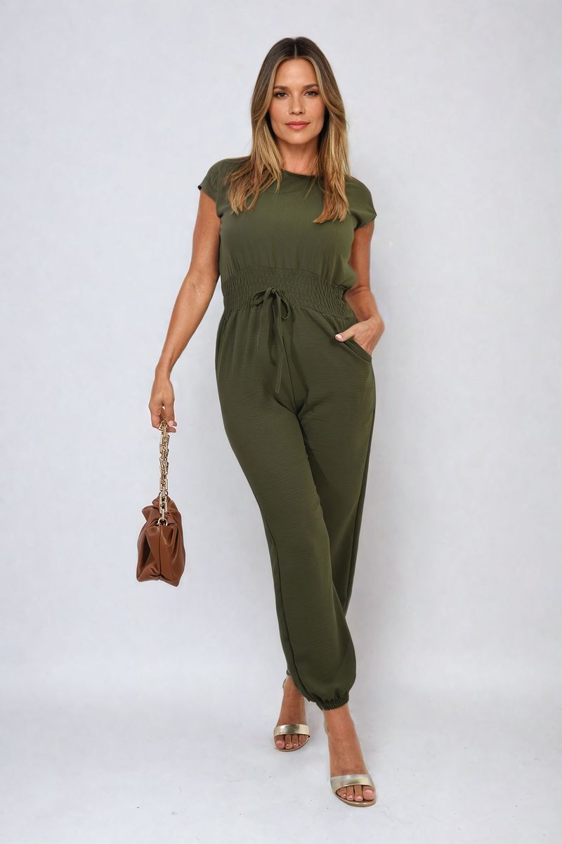 Short Sleeve Cinched Waist Jumpsuit-5