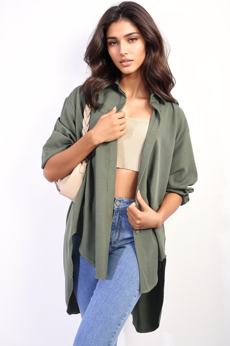 Button Up Oversized Long Back Shirt Dress-7
