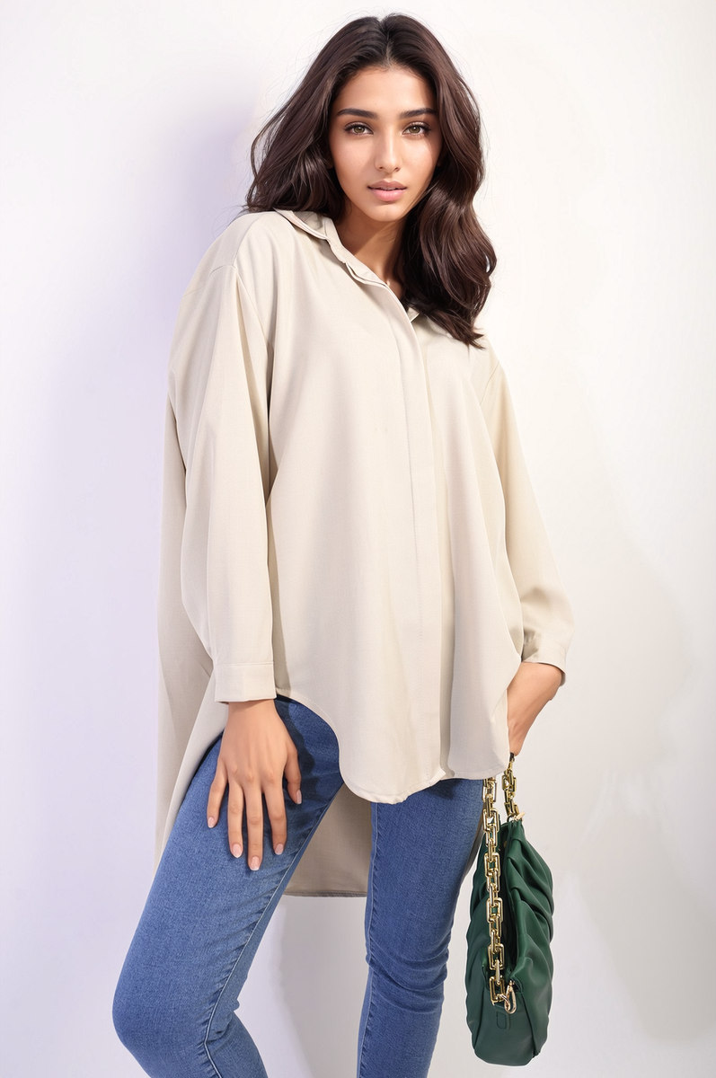 Button Up Oversized Long Back Shirt Dress-3