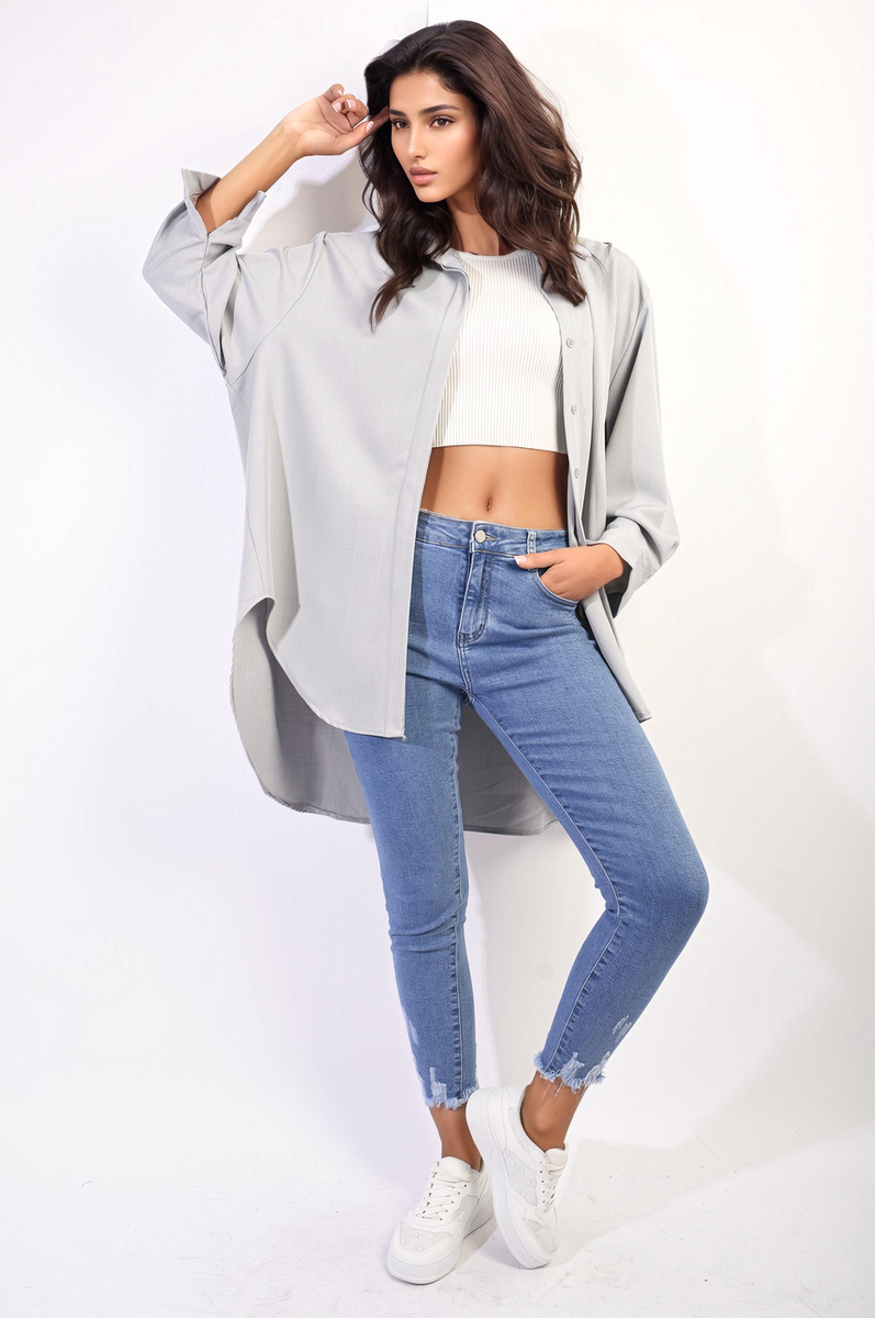 Button Up Oversized Long Back Shirt Dress-6