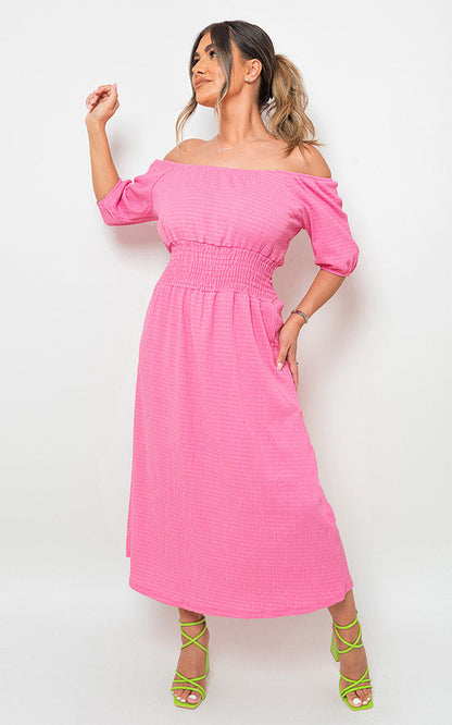Off Shoulder Shirred Waist Mini Dress-8