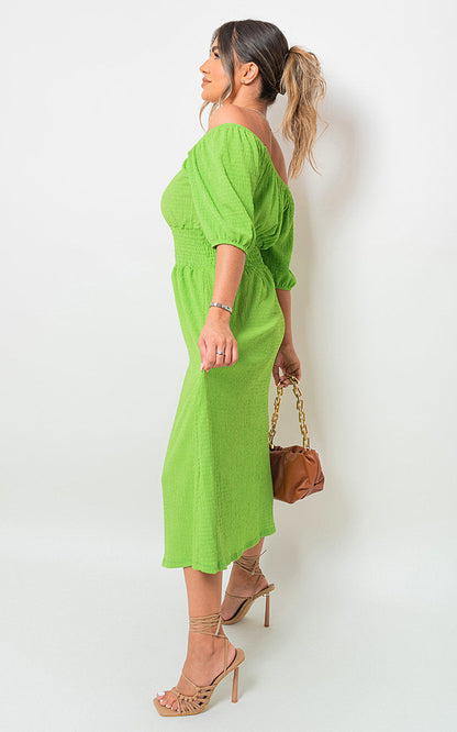 Off Shoulder Shirred Waist Mini Dress-9