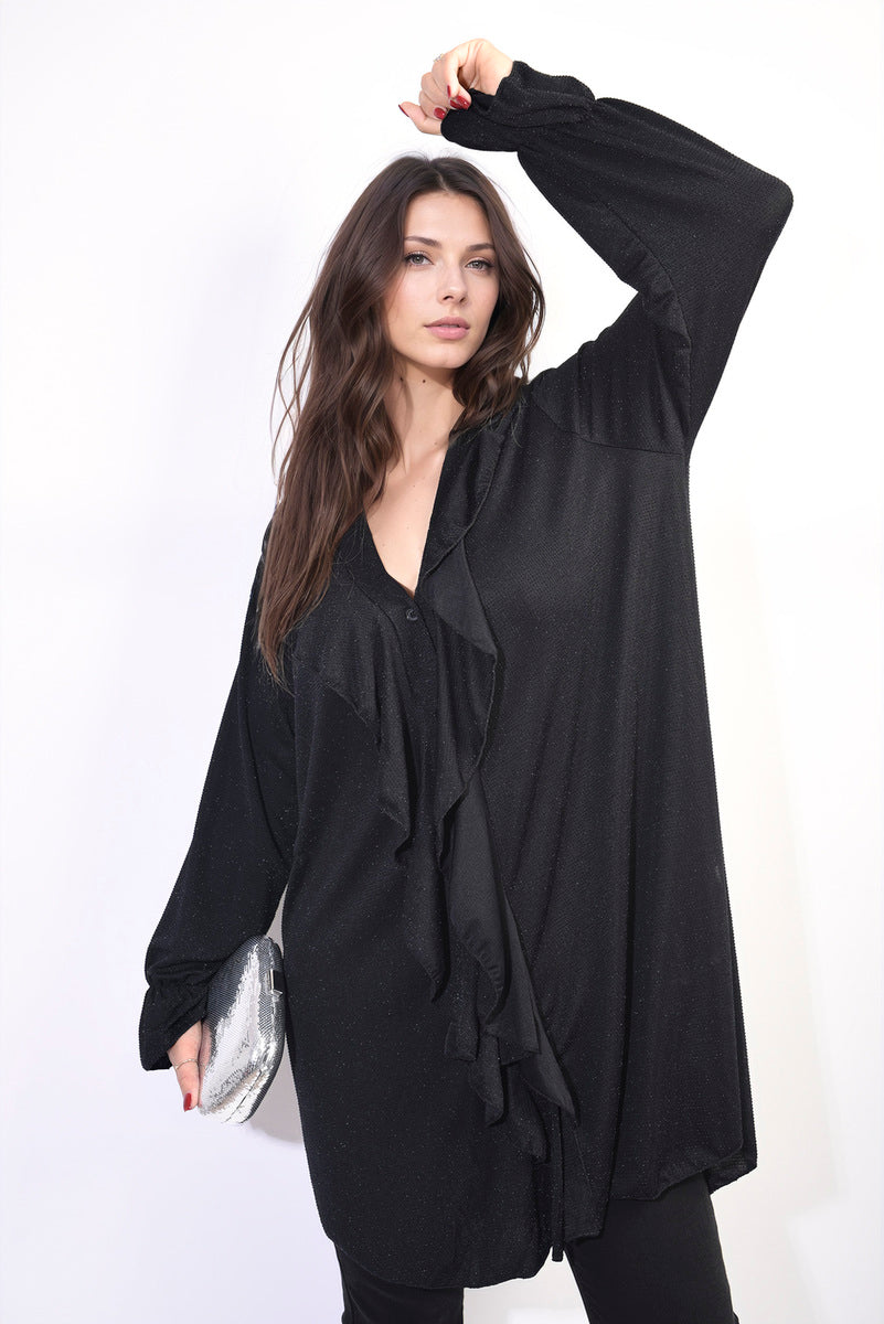 Oversized Satin Ruffle Shirt Dress-3