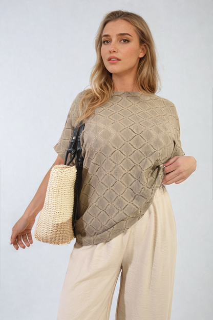 Bow Back Eyelet Details Short Sleeve Oversized Top-6