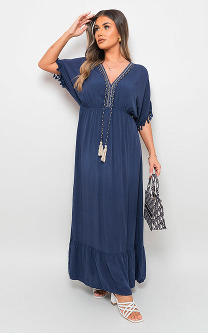V-Neck Rope Tassel Detail Maxi Dress-8