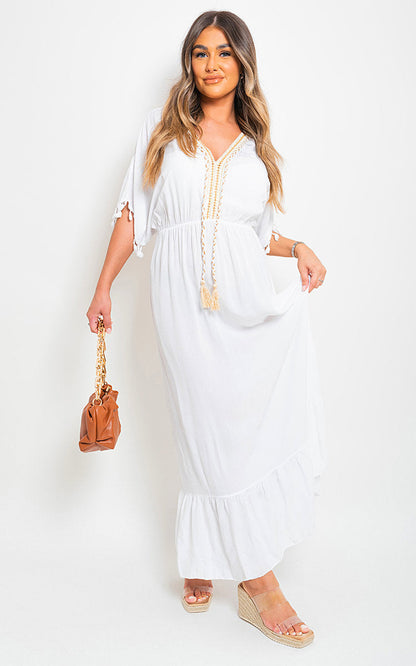 V-Neck Rope Tassel Detail Maxi Dress-0