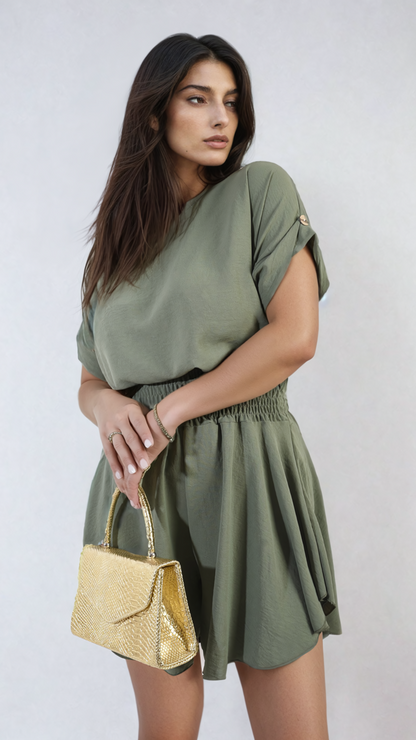 Roll Sleeve Top and Elastic Shirred Waistband and Shorts Co-ord Set-7