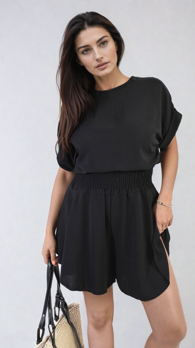 Roll Sleeve Top and Elastic Shirred Waistband and Shorts Co-ord Set-4