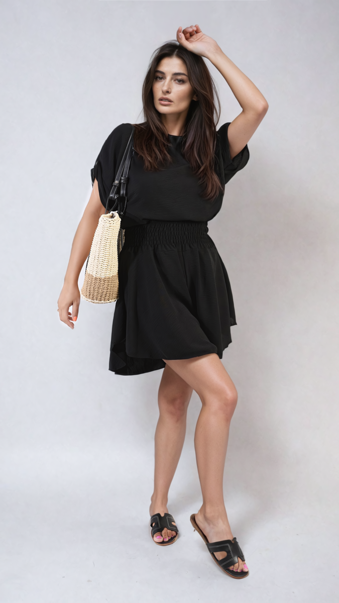 Roll Sleeve Top and Elastic Shirred Waistband and Shorts Co-ord Set-5