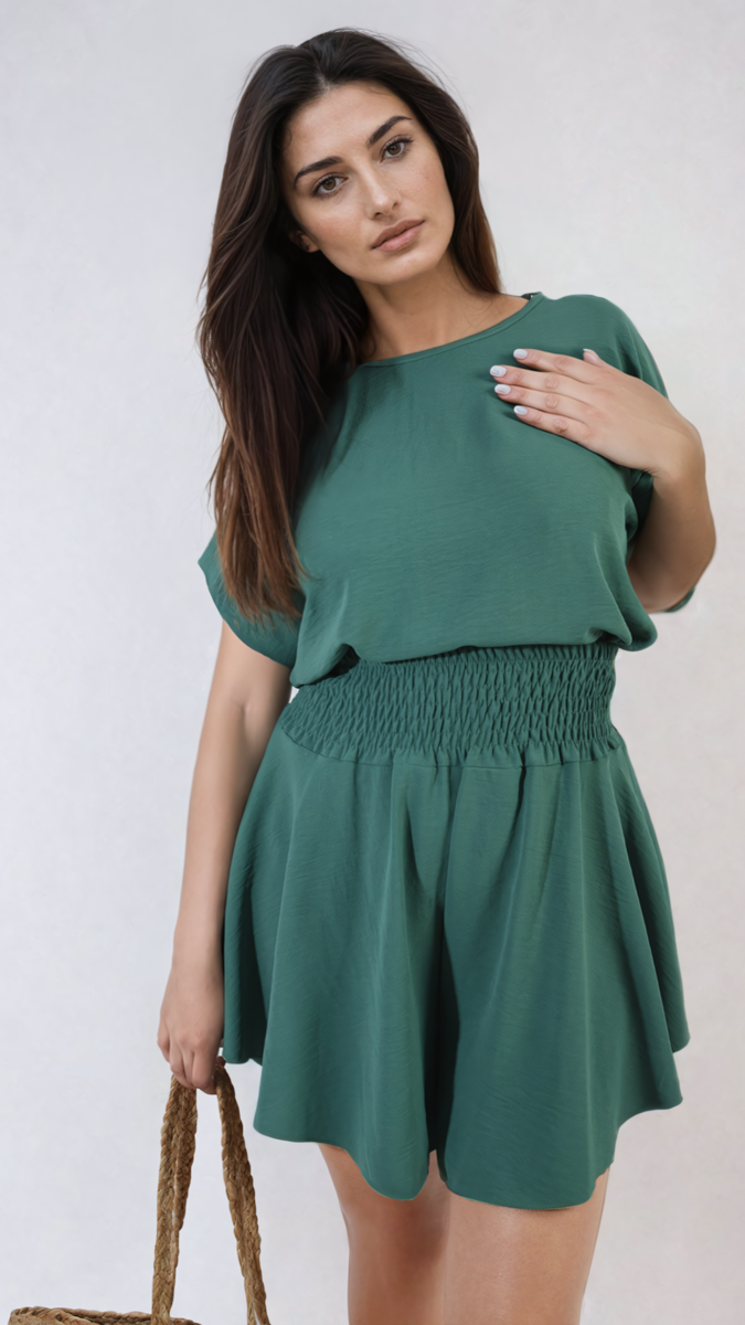 Roll Sleeve Top and Elastic Shirred Waistband and Shorts Co-ord Set-2