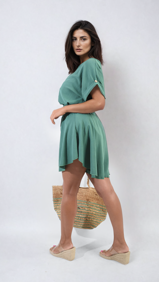 Roll Sleeve Top and Elastic Shirred Waistband and Shorts Co-ord Set-1