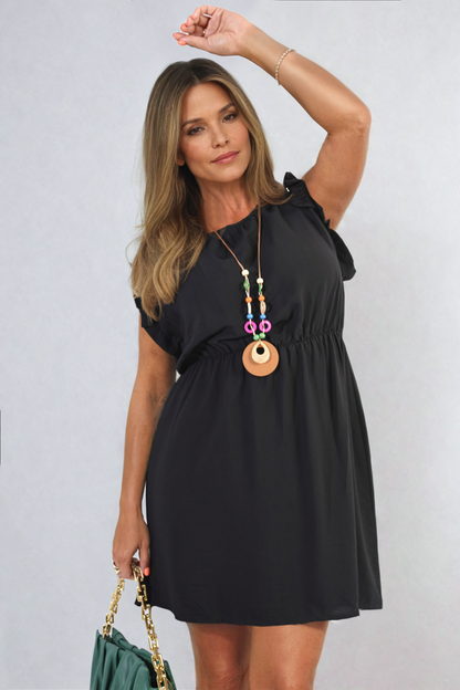 Ruffle Trim Short Sleeve Cinched Waist Mini Dress-2