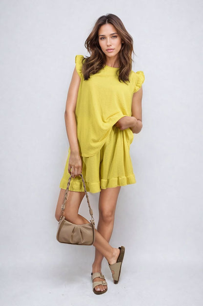 Ruffle Trim Sleeve Top and Shorts Co-ord Set-15