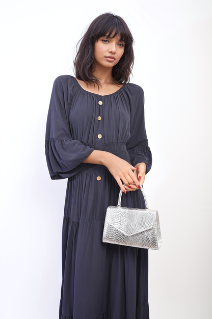 Ruffle Hem Sleeve Shirred Waist Tiered Maxi Dress-6