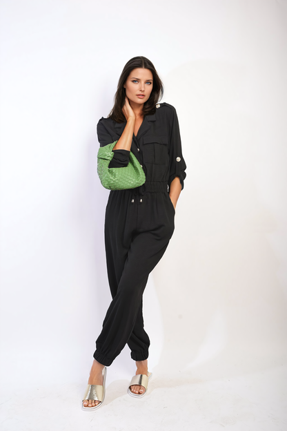 Collar Button-Front Jogger Drawstring Jumpsuit-6